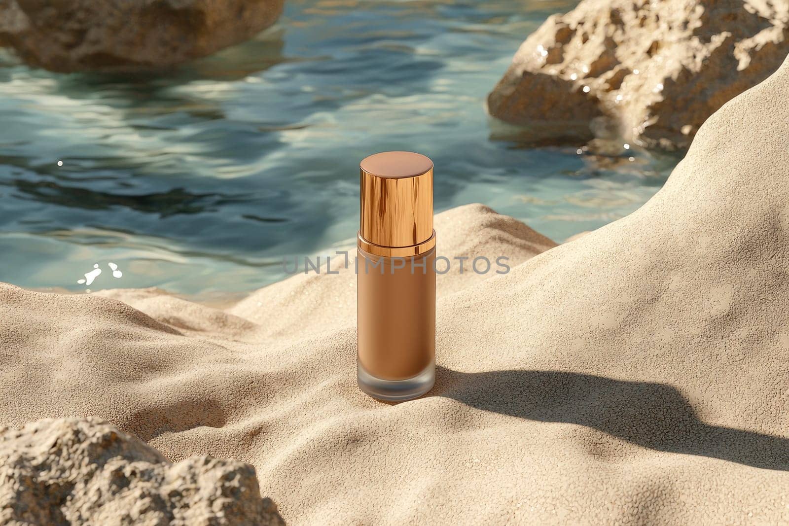 A sophisticated foundation bottle elegantly positioned on a sandy beach, surrounded by clear water, capturing a serene beauty and luxurious lifestyle in a tranquil environment.