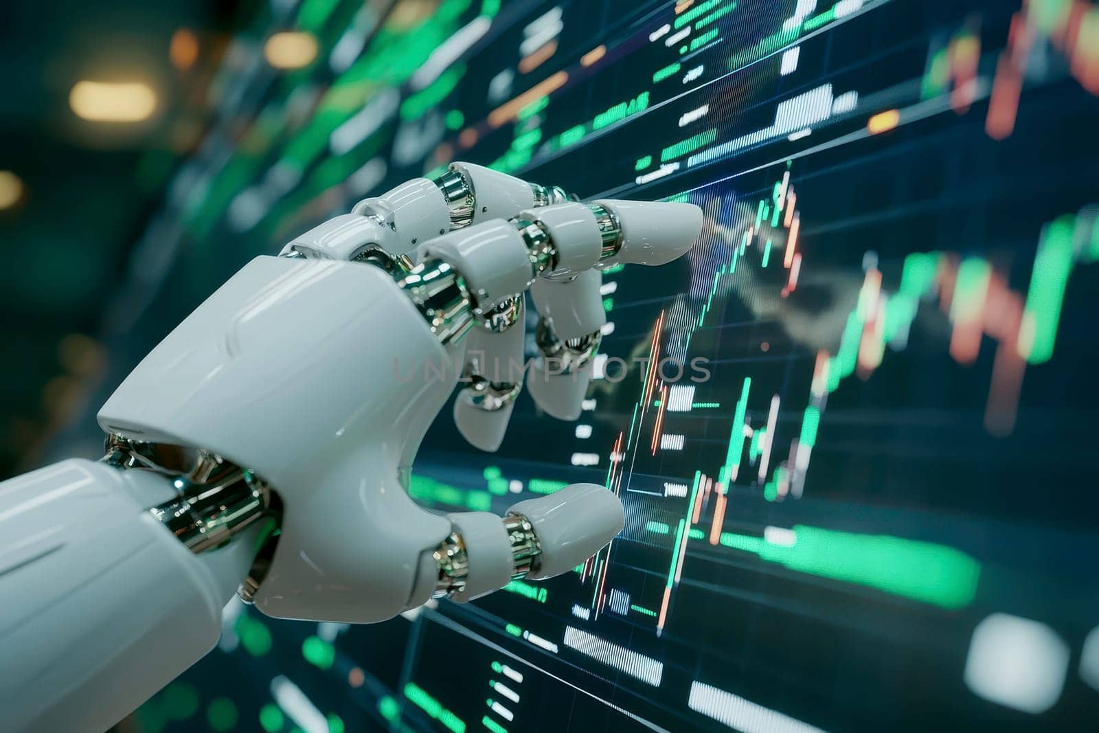 A robotic hand interacts with a futuristic digital interface, analyzing data and charts with a glowing blue screen in the background. High quality illustration