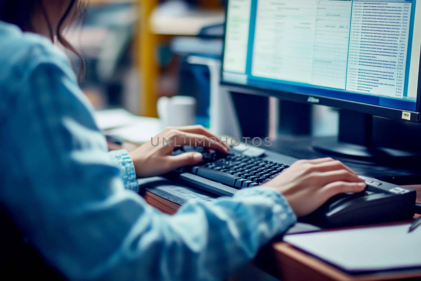Closeup of woman working at a desk with a computer monitor. ai generative.