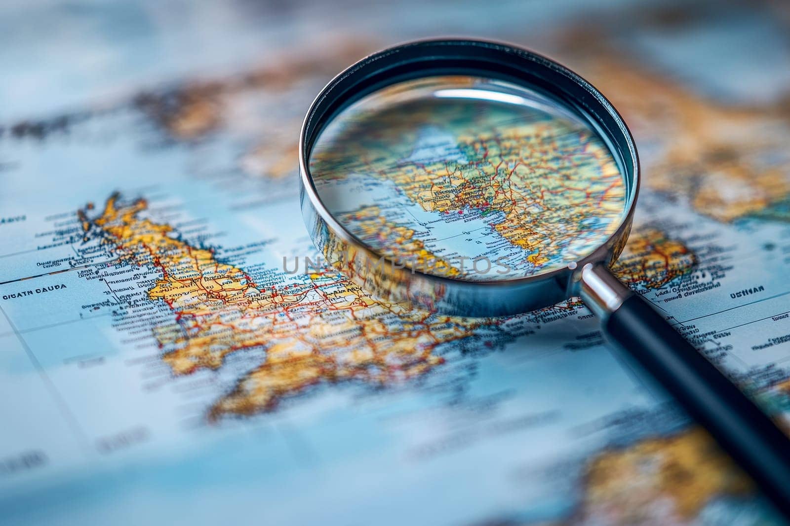 a magnifying glass focusing on map. ai generative.
