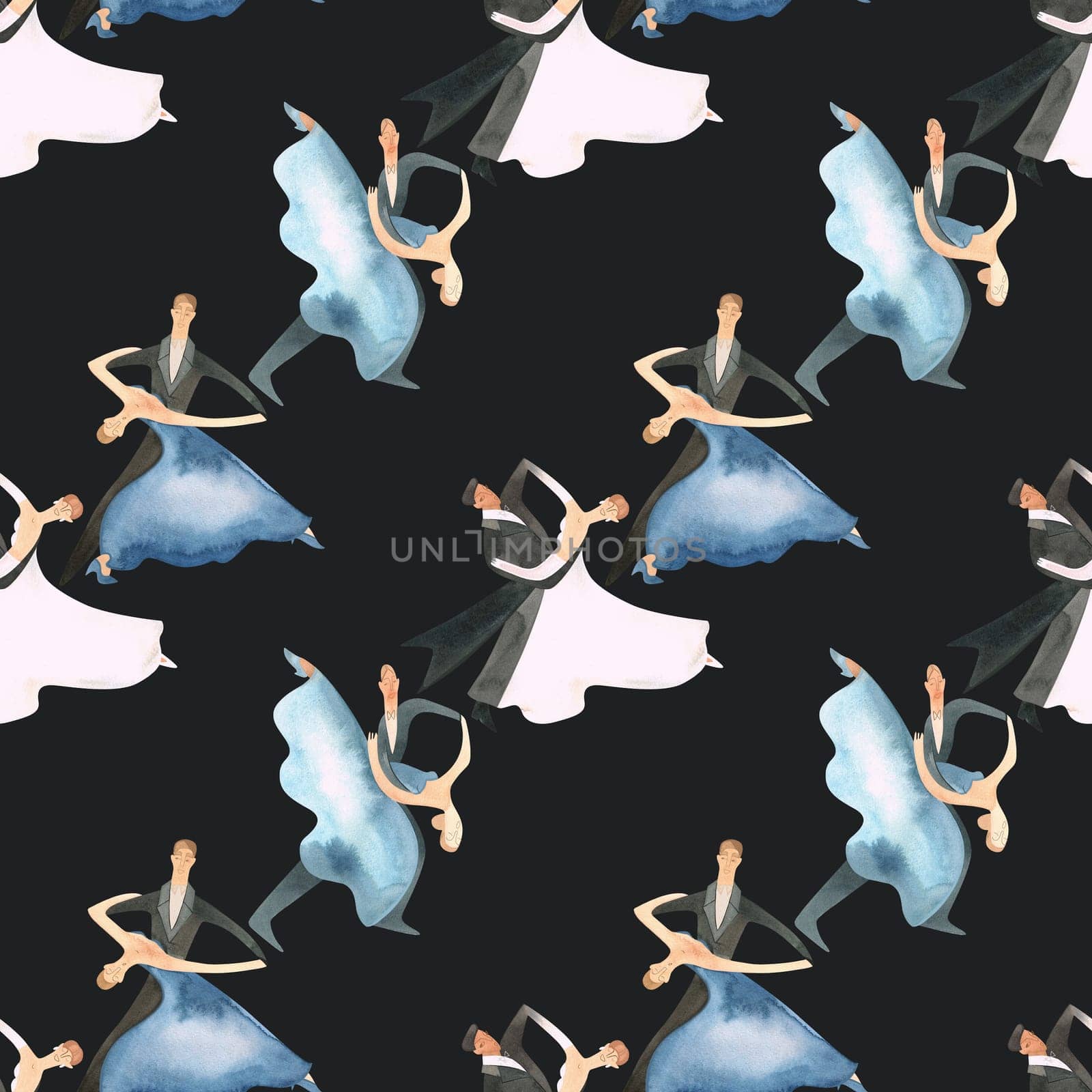 Ballroom dancing, standard. Adult couples on the parquet. Isolated watercolor illustration. Seamless pattern. Black background.