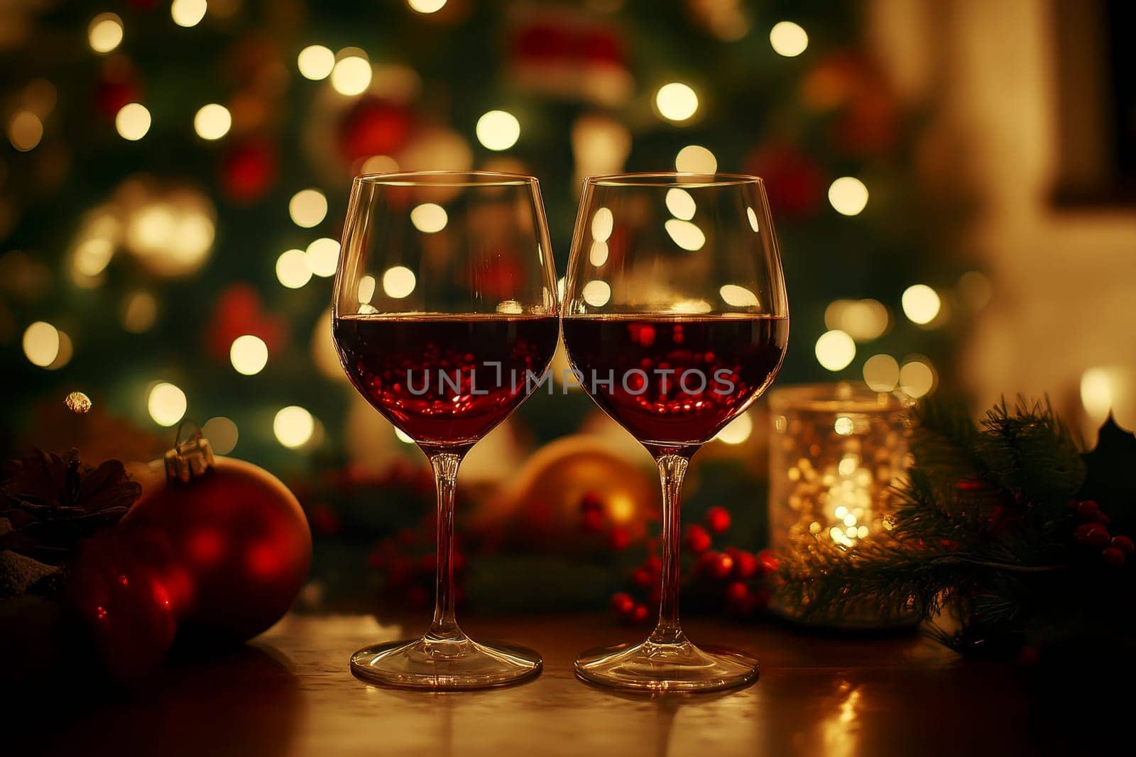 A warm and inviting Christmas dinner table is set with elegant plates, glasses of red wine, and festive decorations, creating a joyful holiday atmosphere. High quality illustration