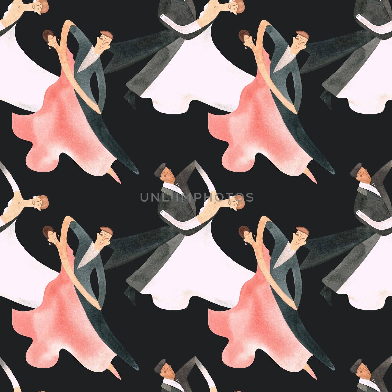 Ballroom dancing, standard. Adult couples on the parquet. Isolated watercolor illustration. Seamless pattern. Black background.