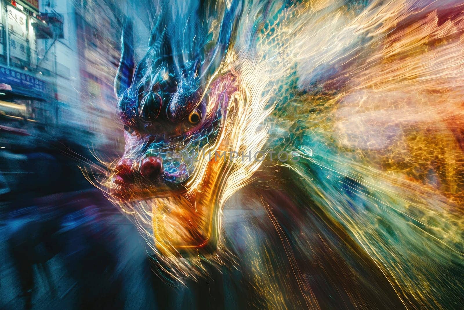 A stunning dragon parade image brimming with dynamic colors, movement, and energy, capturing the essence of cultural celebration in an urban landscape during nighttime festivities.