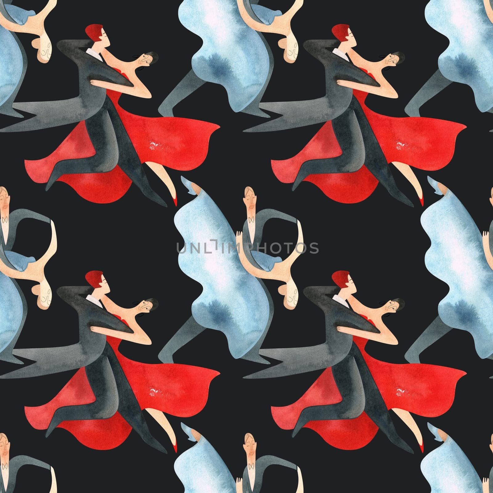 Ballroom dancing, standard. Adult couples on the parquet. Isolated watercolor illustration. Seamless pattern. Black background.