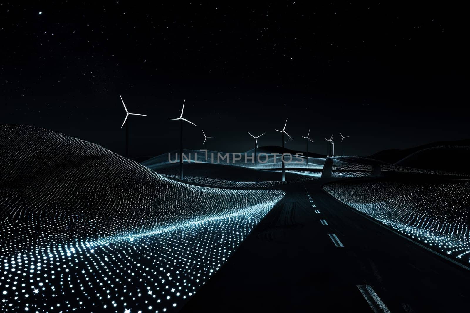 a futuristic scene, illuminating the landscape with vibrant colors and showcasing scenic wind turbines..