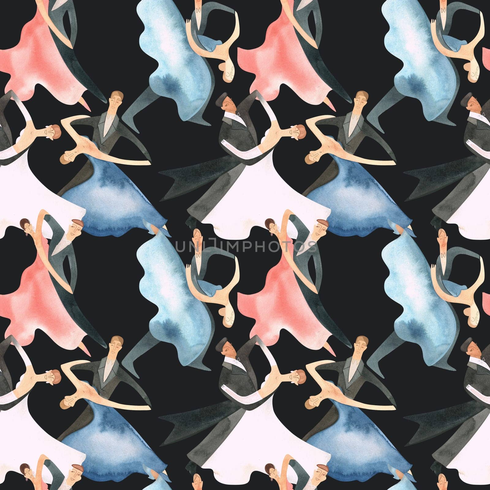 Ballroom dancing, standard. Adult couples on the parquet. Isolated watercolor illustration. Seamless pattern. Black background.