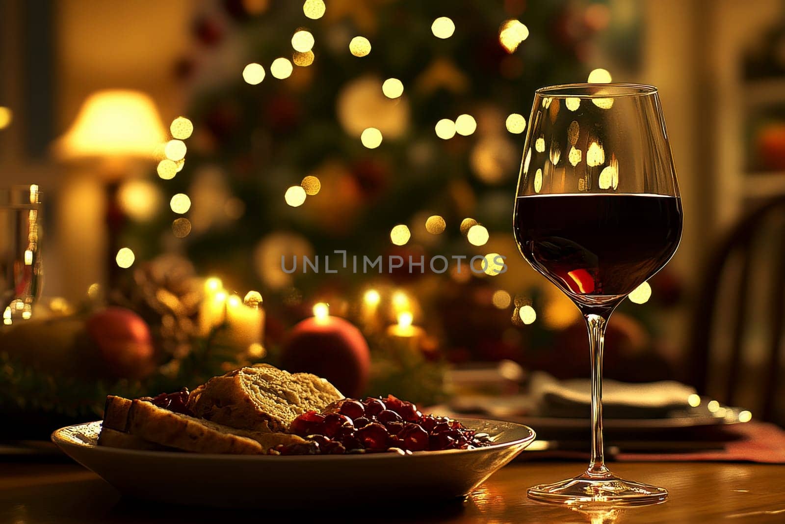 A warm and inviting Christmas dinner table is set with elegant plates, glasses of red wine, and festive decorations, creating a joyful holiday atmosphere.