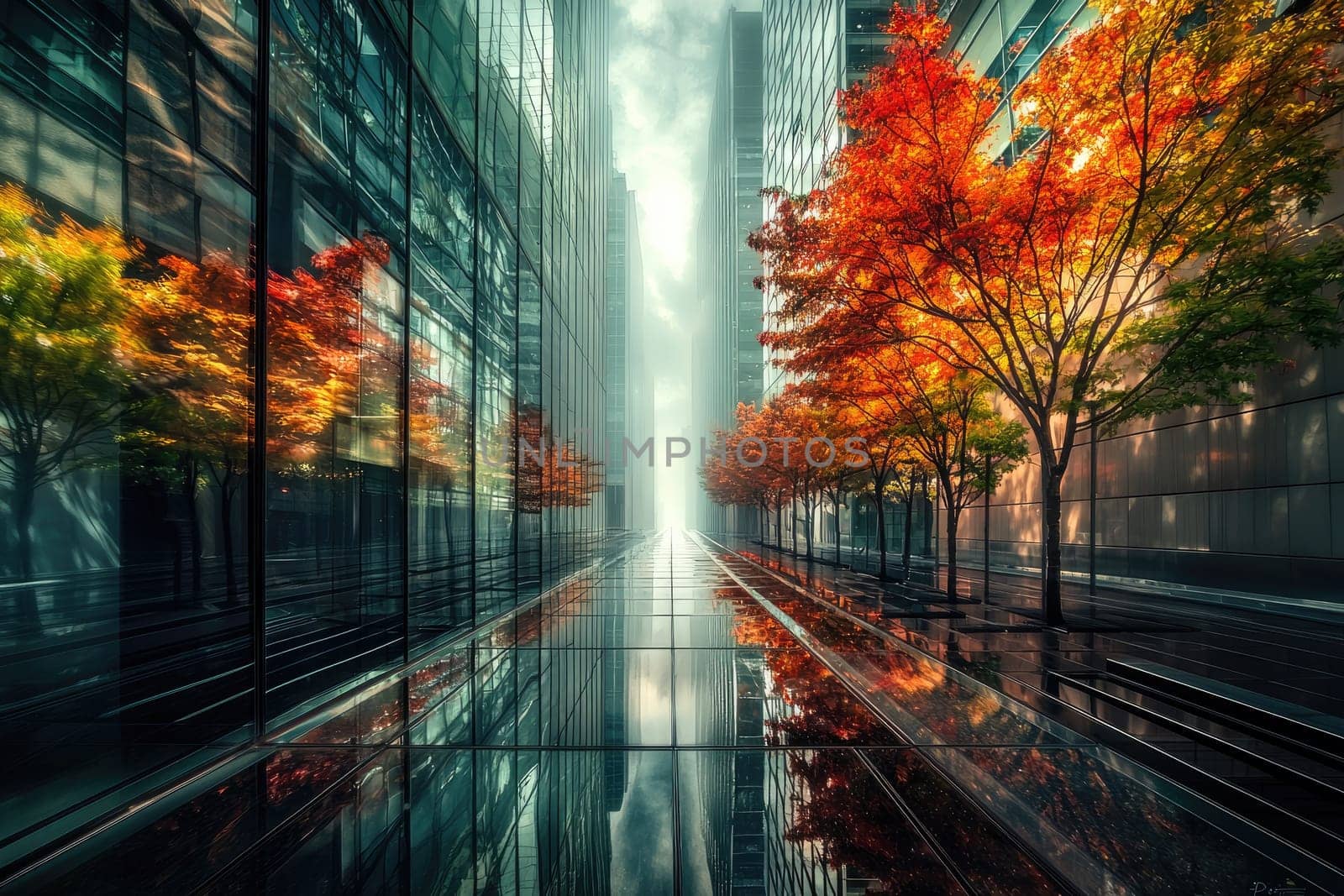 This stunning urban landscape showcases vibrant autumn trees reflecting in a glassy modern environment, creating a serene and tranquil atmosphere filled with color and beauty.