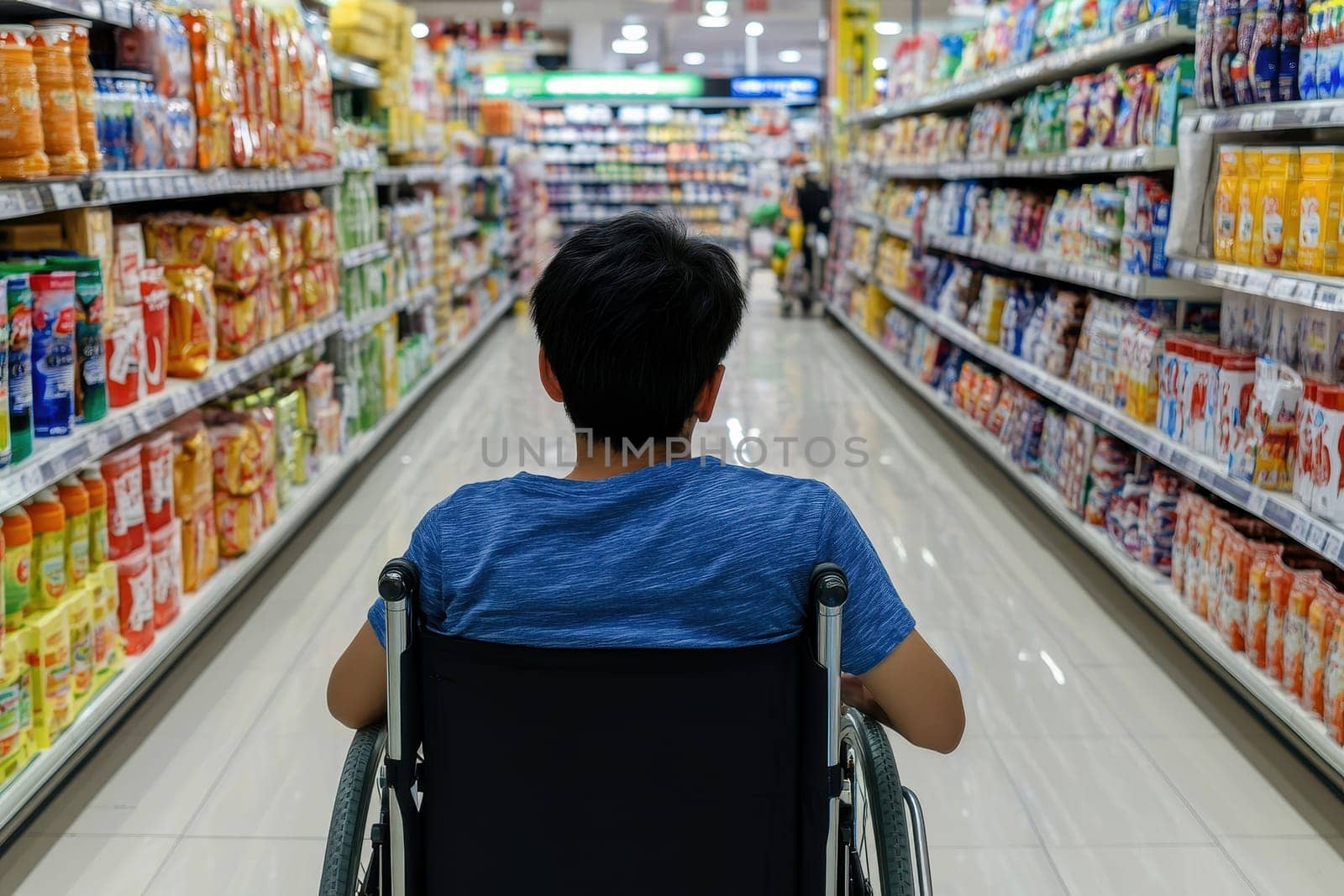 A person hand mobility issue is sitting in a wheelchair to shopping in a supermarket..