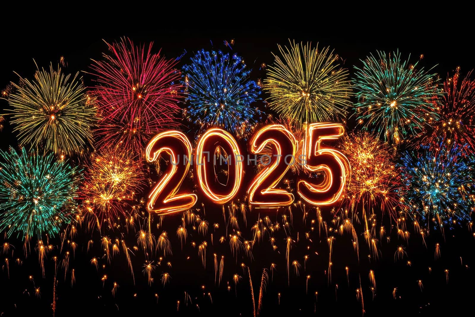 A dazzling array of fireworks explodes in various vibrant colors, illuminating the night sky and marking the celebration of the year 2025 in a spectacular manner..