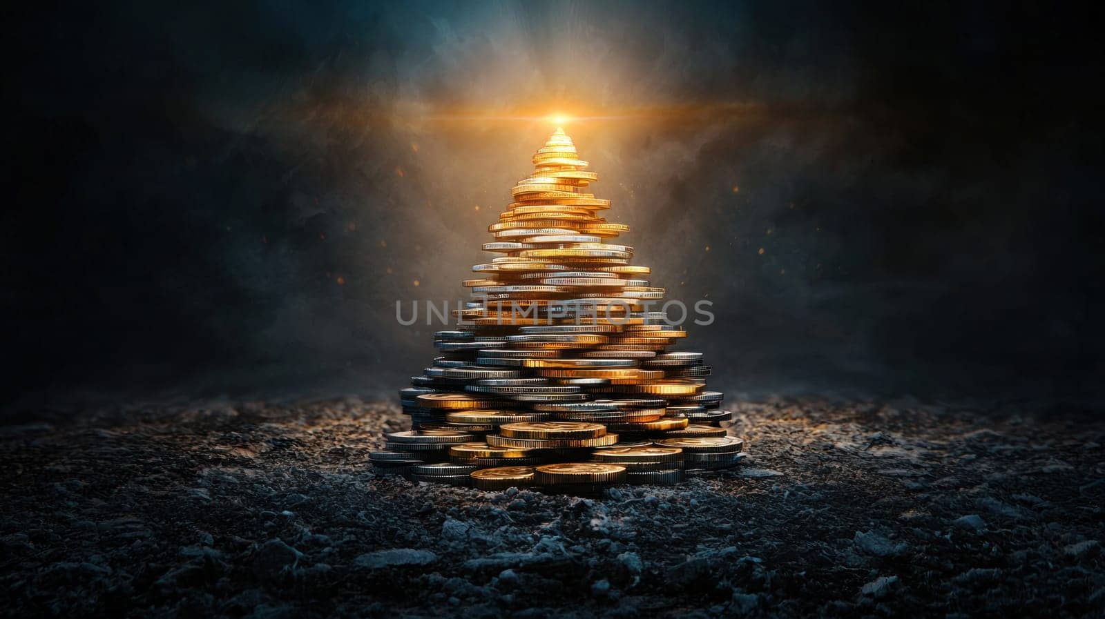 stunning arrangement of gold and silver coins forms pyramid shape, radiating light.