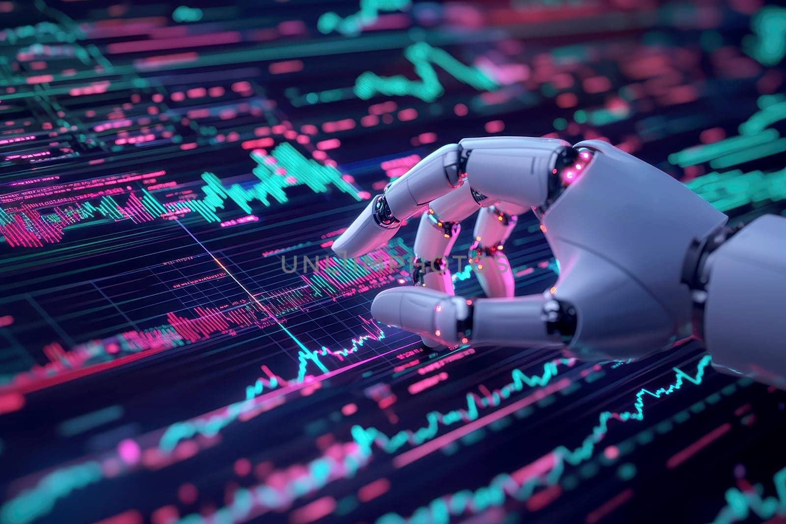 A robotic hand interacts with a futuristic digital interface, analyzing data and charts with a glowing blue screen in the background..