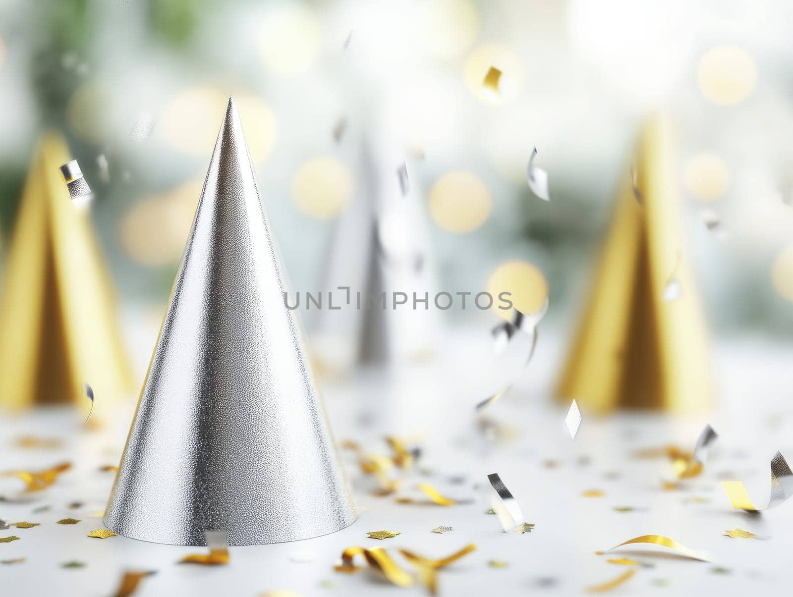 Elegant celebration theme with minimalistic silver and gold party hats and festive confetti.