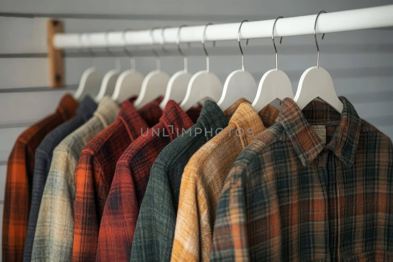 A row of plaid flannel shirts in various colors hanging on wooden hangers, creating a vibrant and organized display..