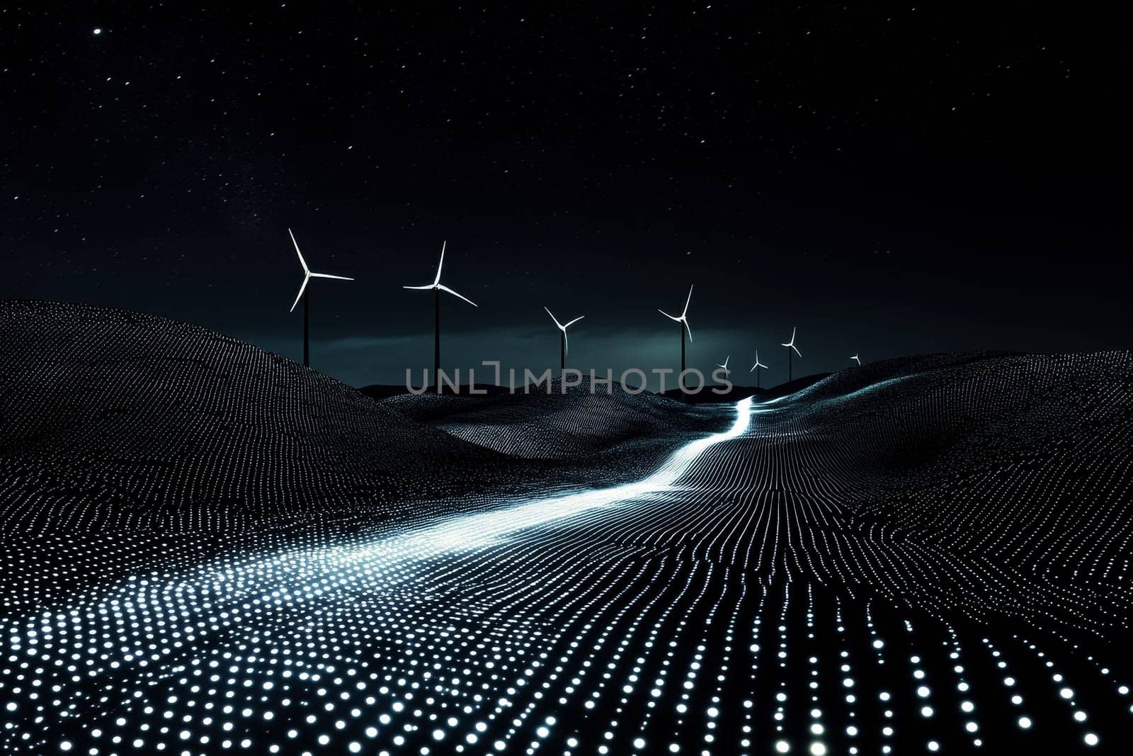 a futuristic scene, illuminating the landscape with vibrant colors and showcasing scenic wind turbines..