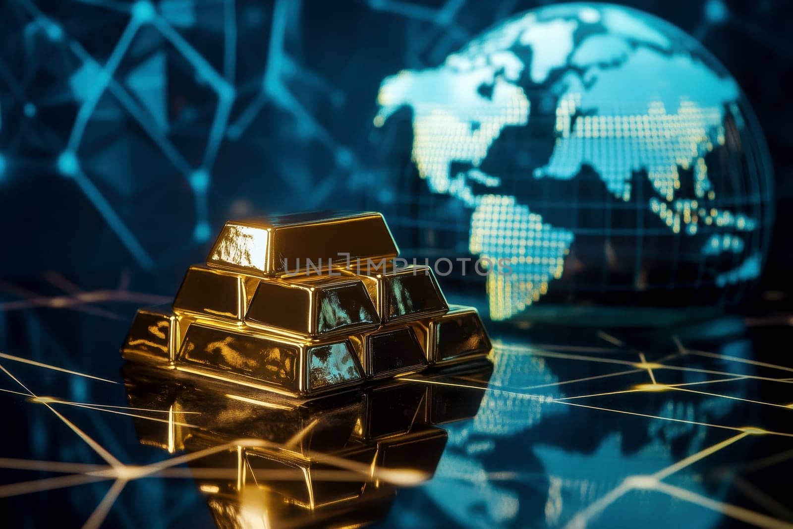Golden globe with gold bars surrounding it, representing global investments. High quality illustration