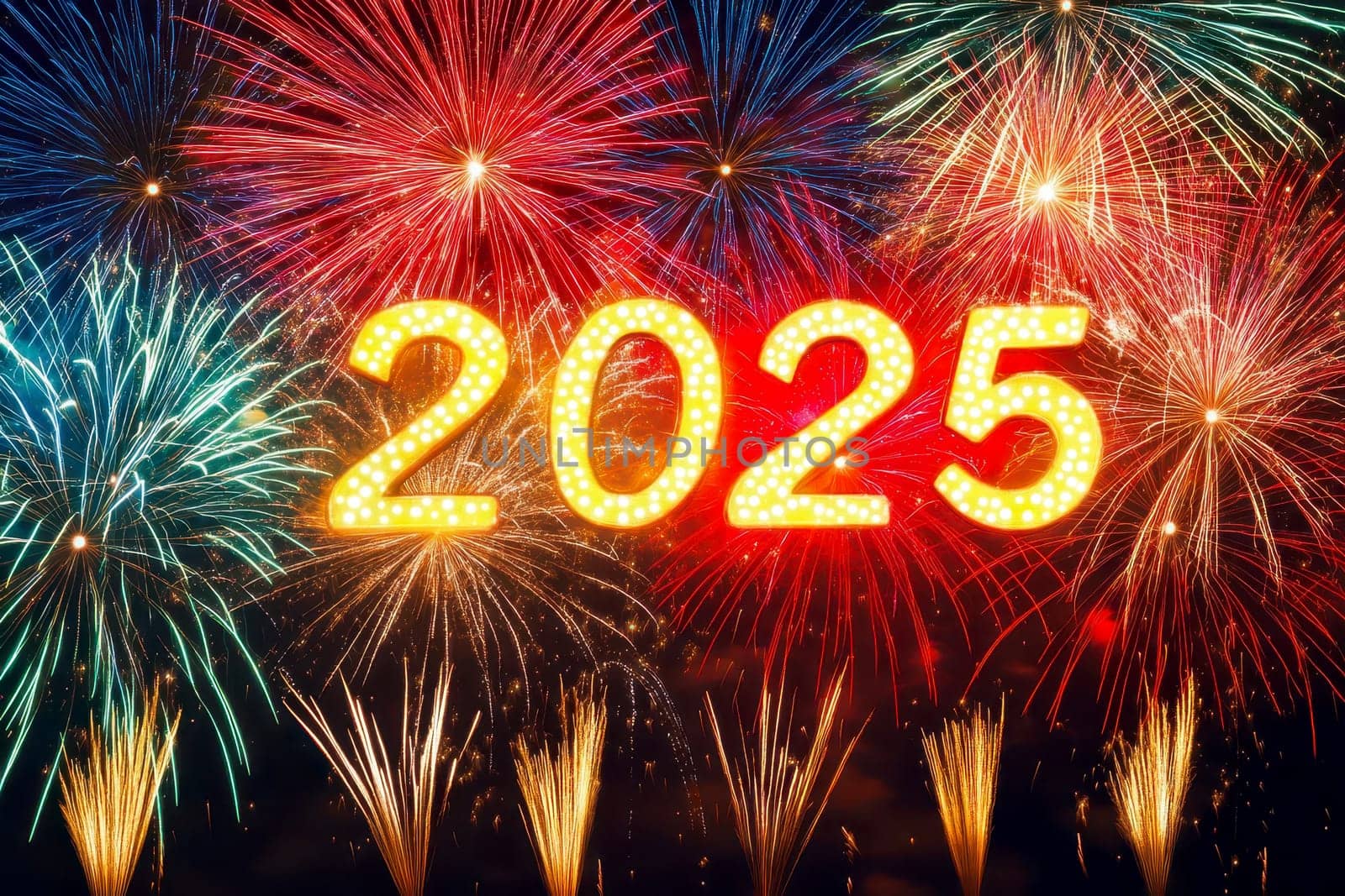A dazzling array of fireworks explodes in vaarious vibrant colors, illuminating the night sky and marking the celebration of the year 2025 in a spectacular manner. High quality illustration