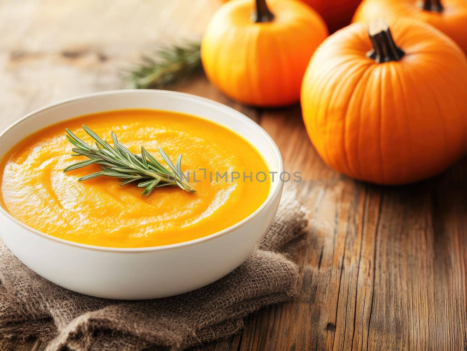 Cozy autumn pumpkin soup on wooden table for seasonal comfort.
