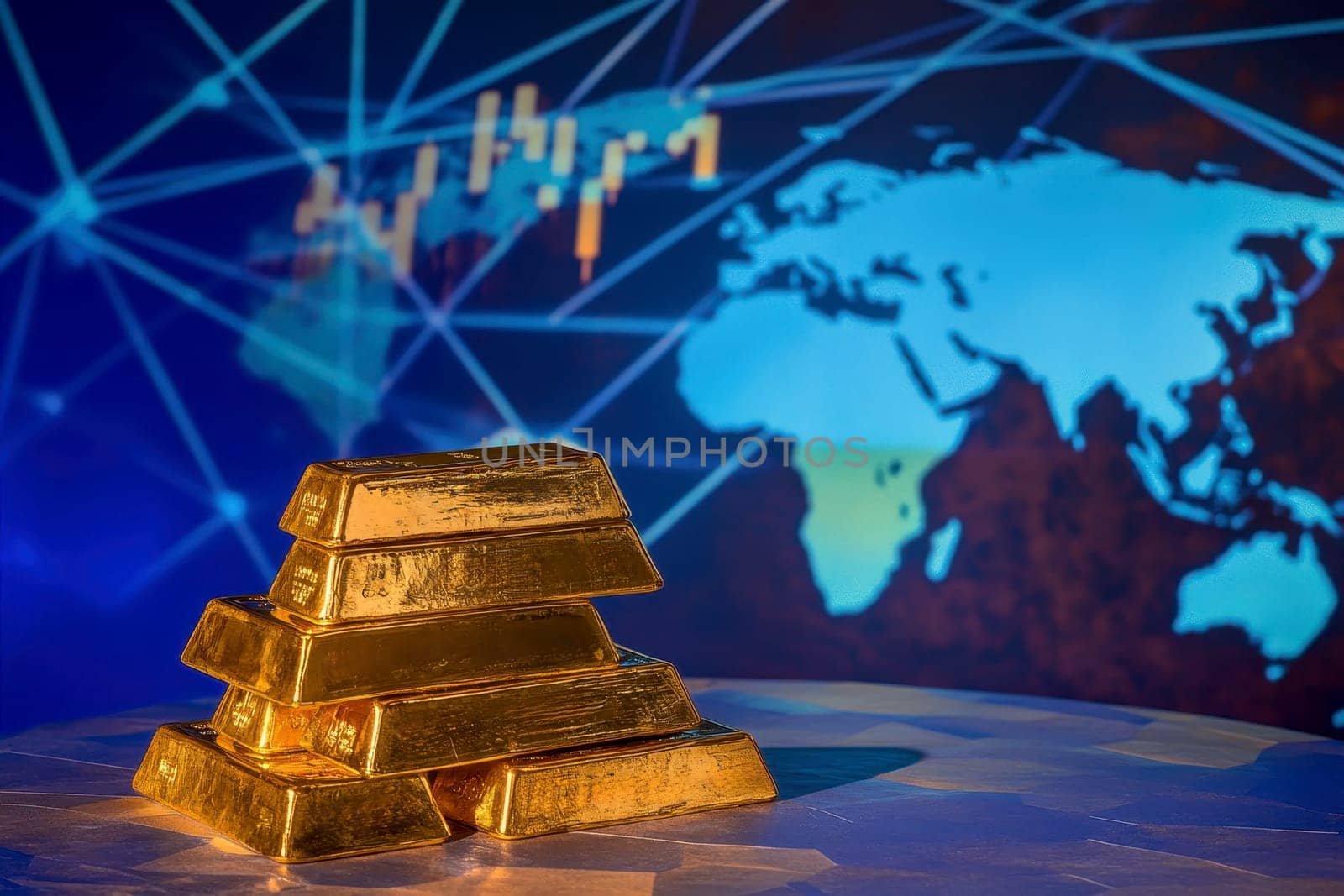 Golden globe with gold bars surrounding it, representing global investments..