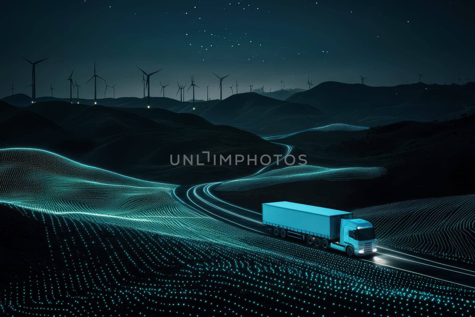 a high-tech truck cruises on a futuristic scene, illuminating the landscape with vibrant colors and showcasing scenic wind turbines..