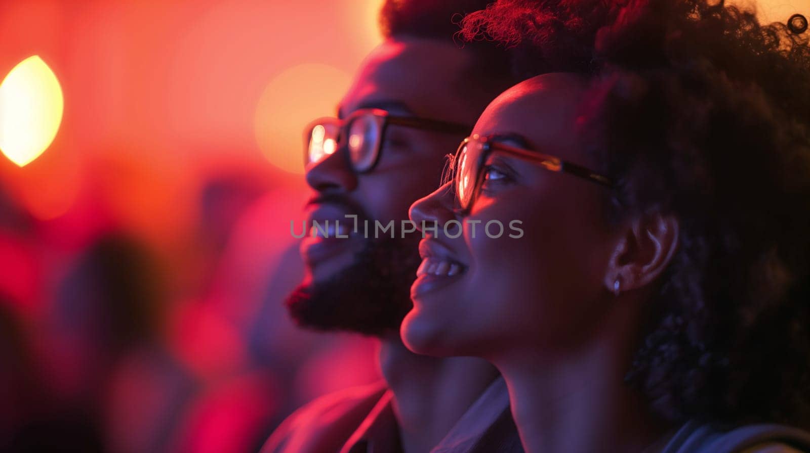 A couple watches the performance with delight as colorful lights illuminate their faces, creating a warm and exciting atmosphere at a live music event - Generative AI