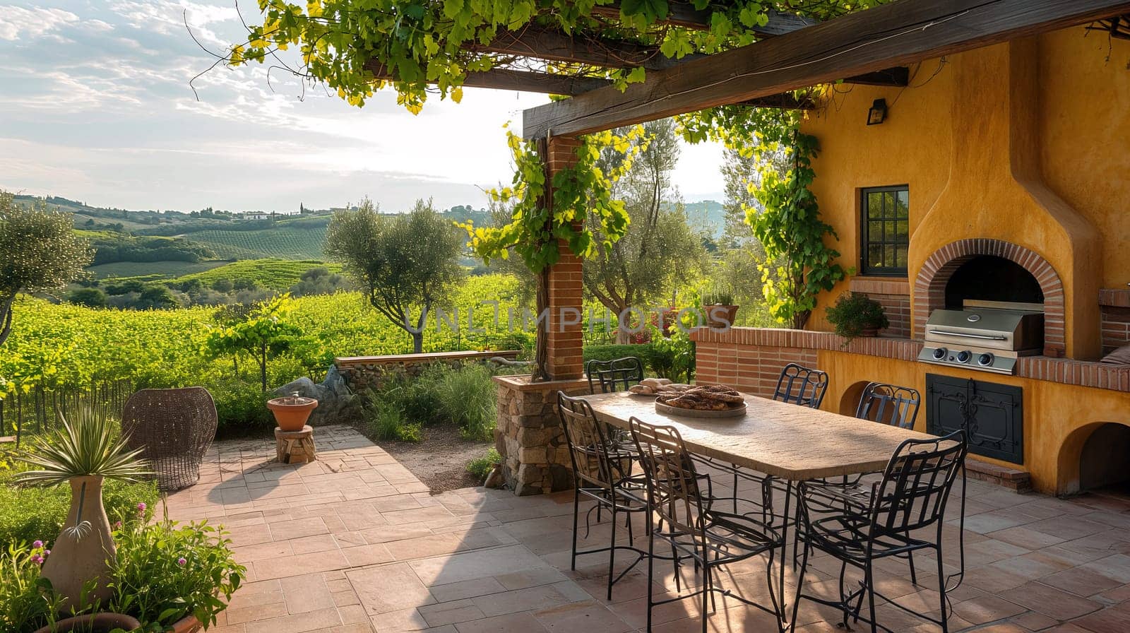 A rustic outdoor dining area features a large table with chairs, overlooking vibrant vineyards and a sunny landscape. Olive trees add to the serene atmosphere - Generative AI