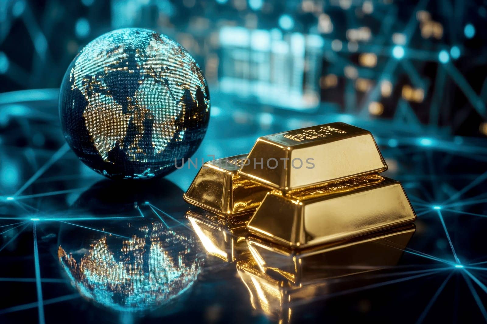 Golden globe with gold bars surrounding it, representing global investments..