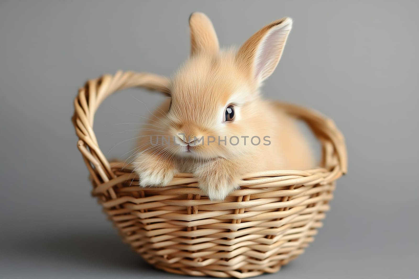 A small, fluffy bunny with soft fur sits comfortably in a woven basket, exhibiting a playful expression. The gentle tones add to the spring ambiance.