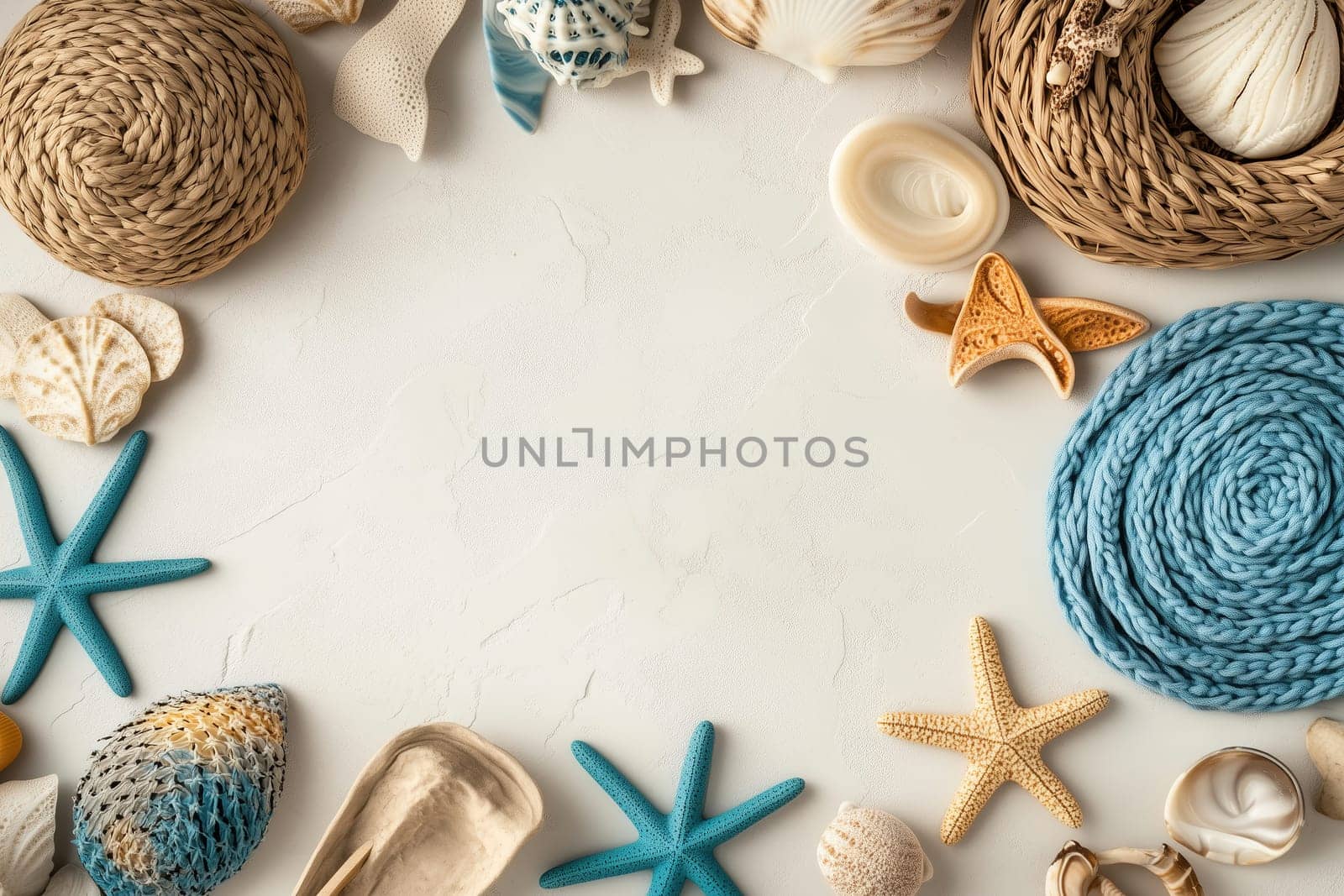Colorful seashells, starfish, and woven decor create a beautiful coastal arrangement on a light background, inviting a serene beach atmosphere.