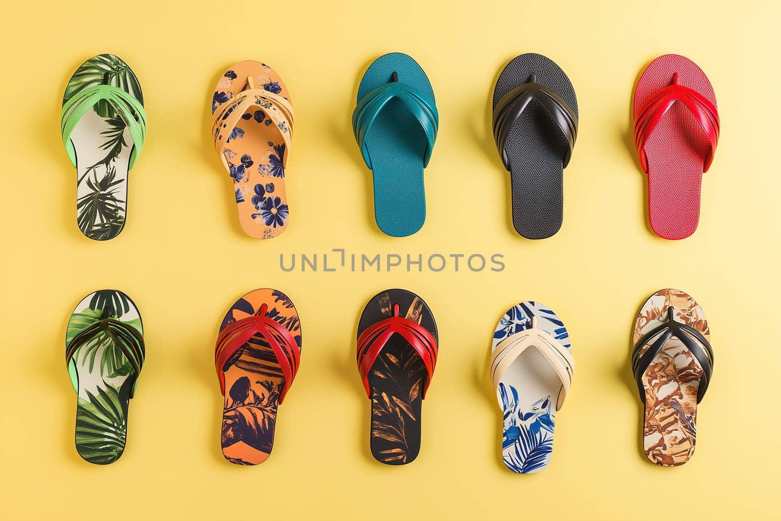 A vibrant collection of flip-flops is laid out in a neat arrangement against a sunny yellow backdrop, featuring bold tropical patterns and colors perfect for summer outings.