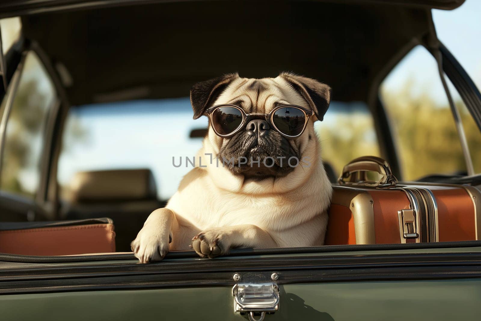 A relaxed pug sports stylish sunglasses while resting its paws on the edge of a vintage car trunk. A suitcase is nearby, suggesting a fun road trip on a sunny day.