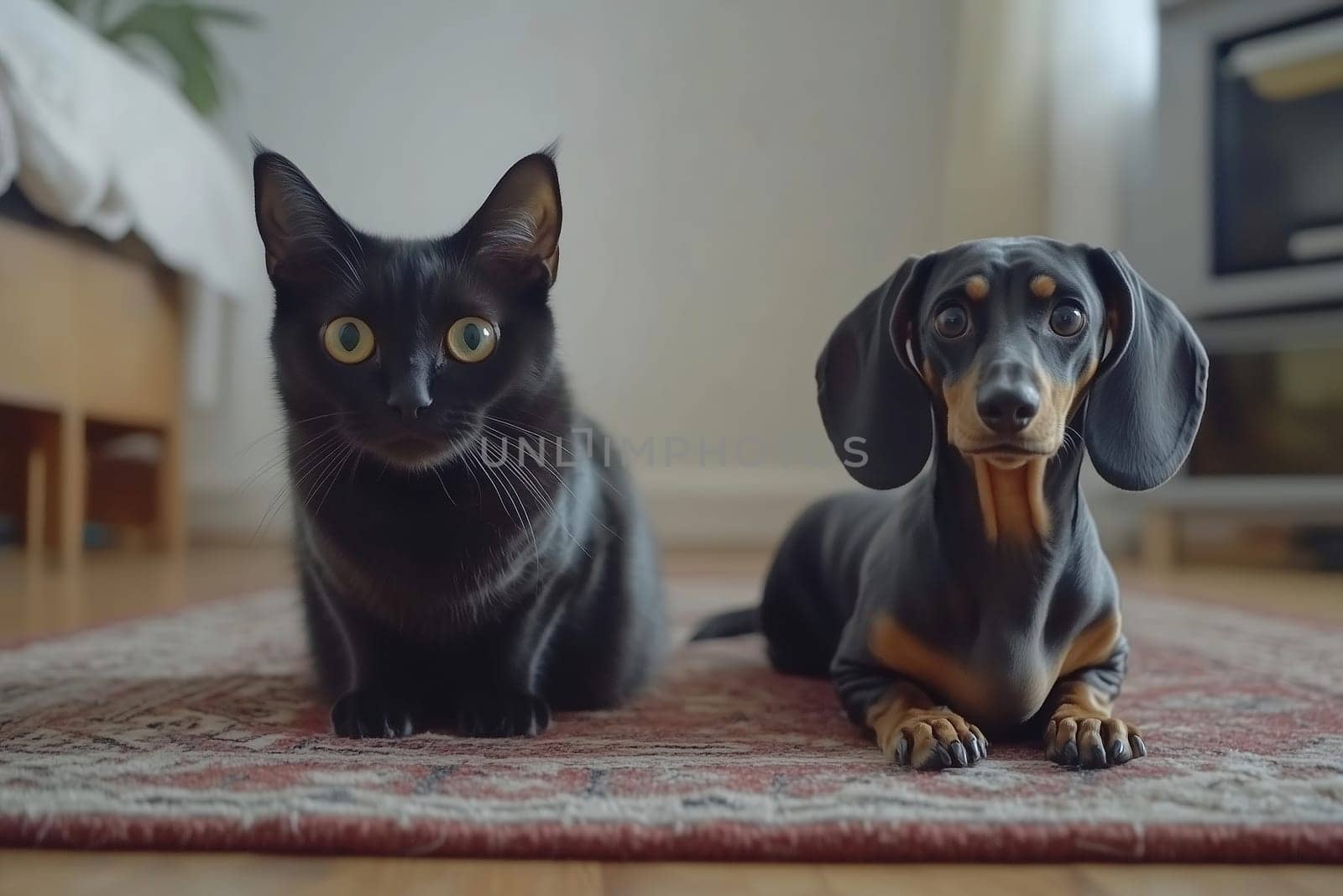 A black cat and a dachshund relax side by side on a patterned rug in a well-lit living room, enjoying each other’s company in a calm afternoon atmosphere.