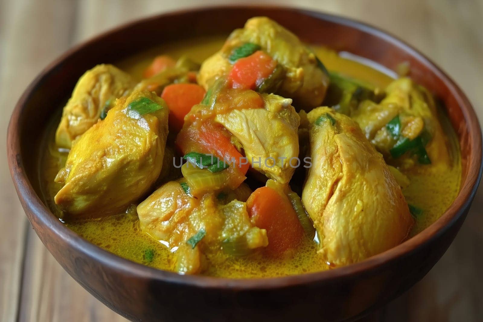 A warm bowl of chicken curry featuring tender pieces of chicken, colorful vegetables, and flavorful spices, creating a comforting dish for lunch or dinner.