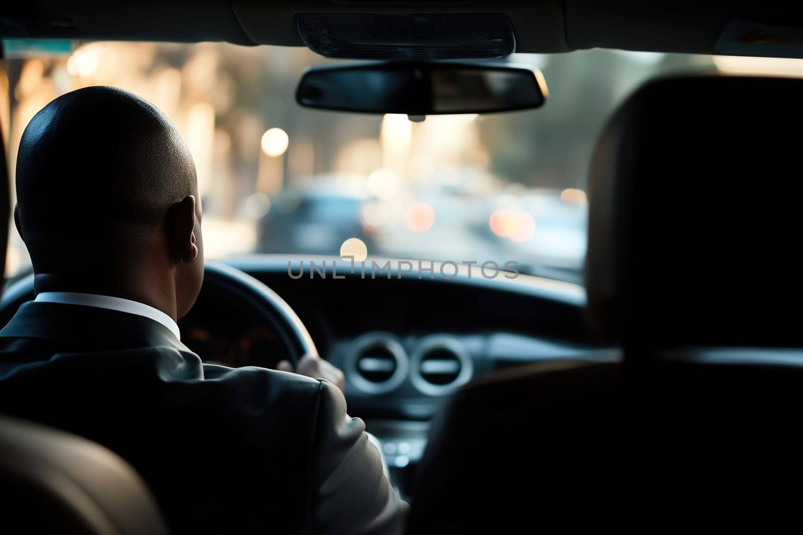 A driver in formal attire concentrates on the road while navigating bustling city streets during evening rush hour. Traffic and blurred lights create a dynamic urban atmosphere.