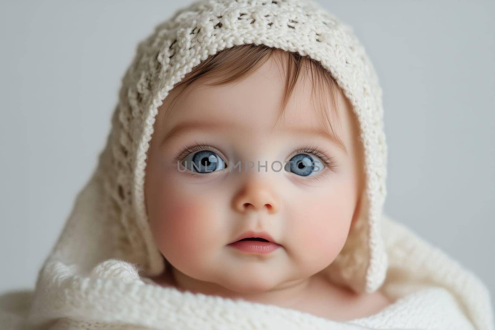 A sweet baby gazes curiously with striking blue eyes, wearing a soft knitted hat and wrapped in a plush blanket in a bright room.
