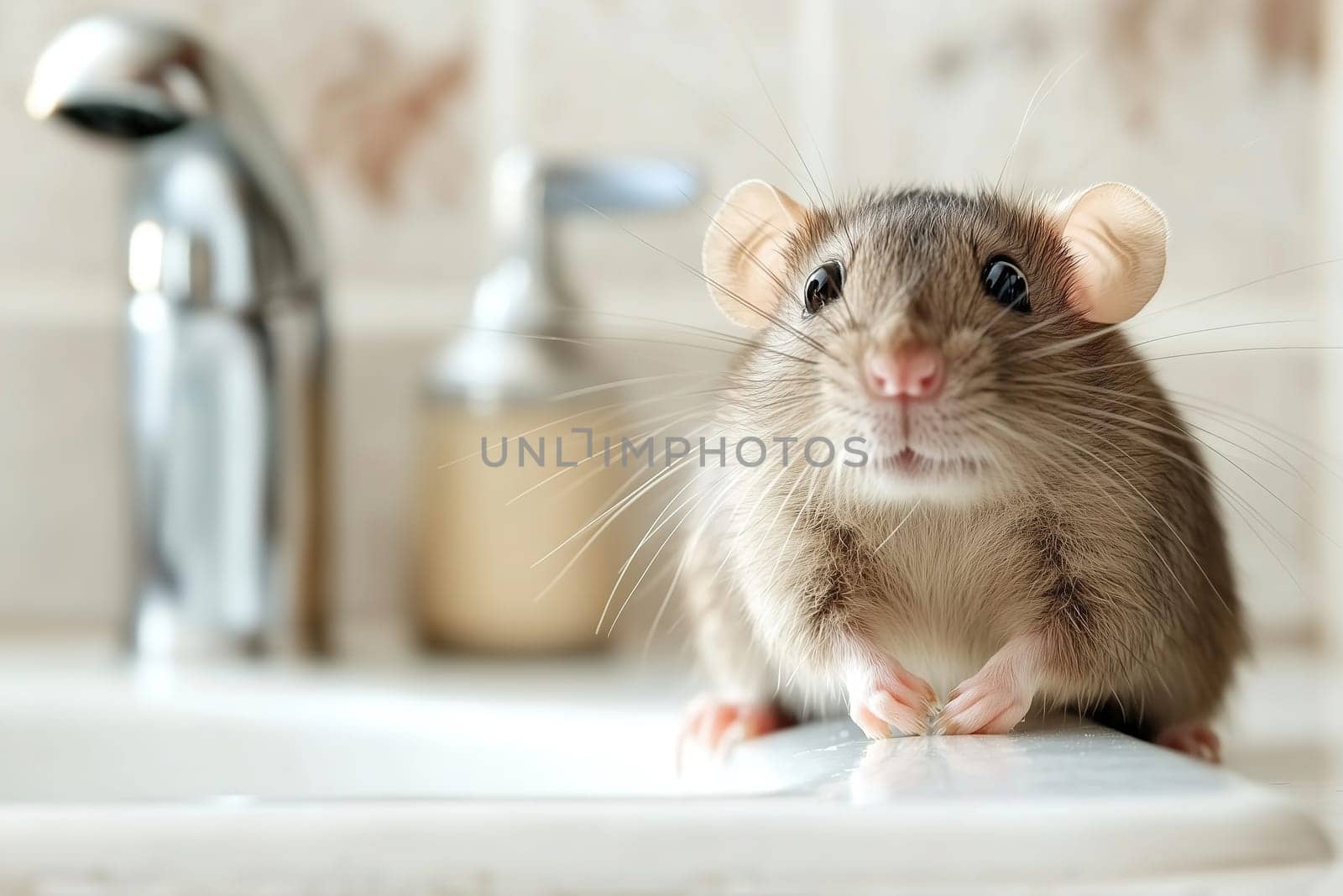 A rat stands on the edge of a sink, gazing intently into the room while its whiskers twitch. Soft afternoon light illuminates its fur and surroundings.