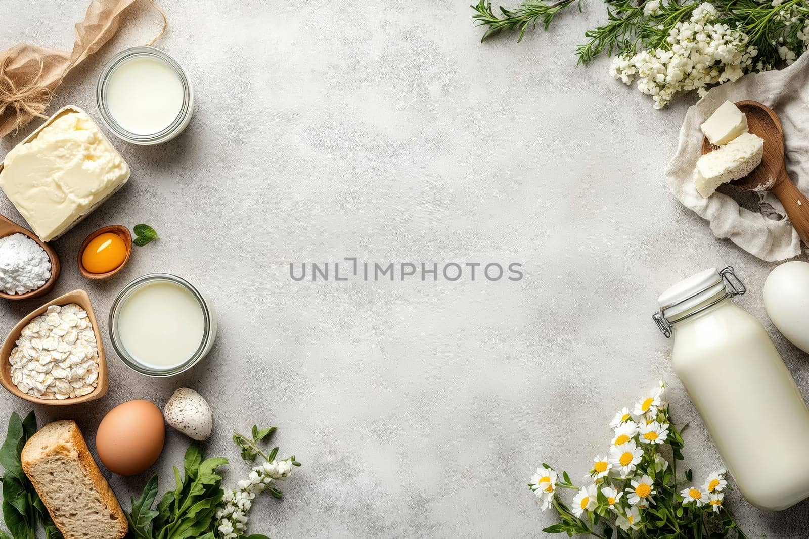 A variety of fresh ingredients including butter, milk, eggs, and herbs are artfully arranged on a light background, perfect for culinary creations and baking inspiration.