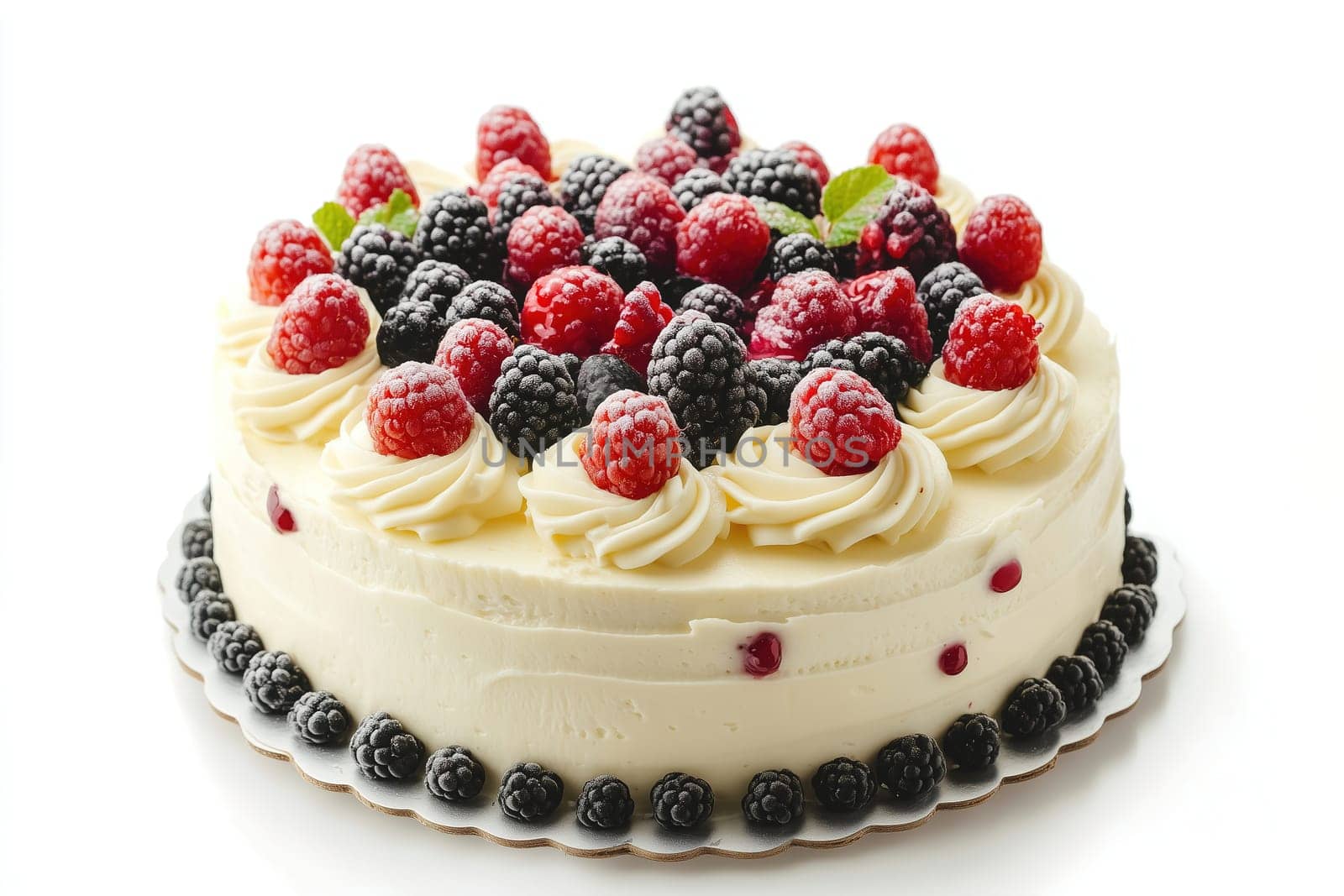 This exquisite cake is lavishly adorned with fresh raspberries and blackberries, showcasing a creamy frosting. Ideal for birthdays or gatherings.