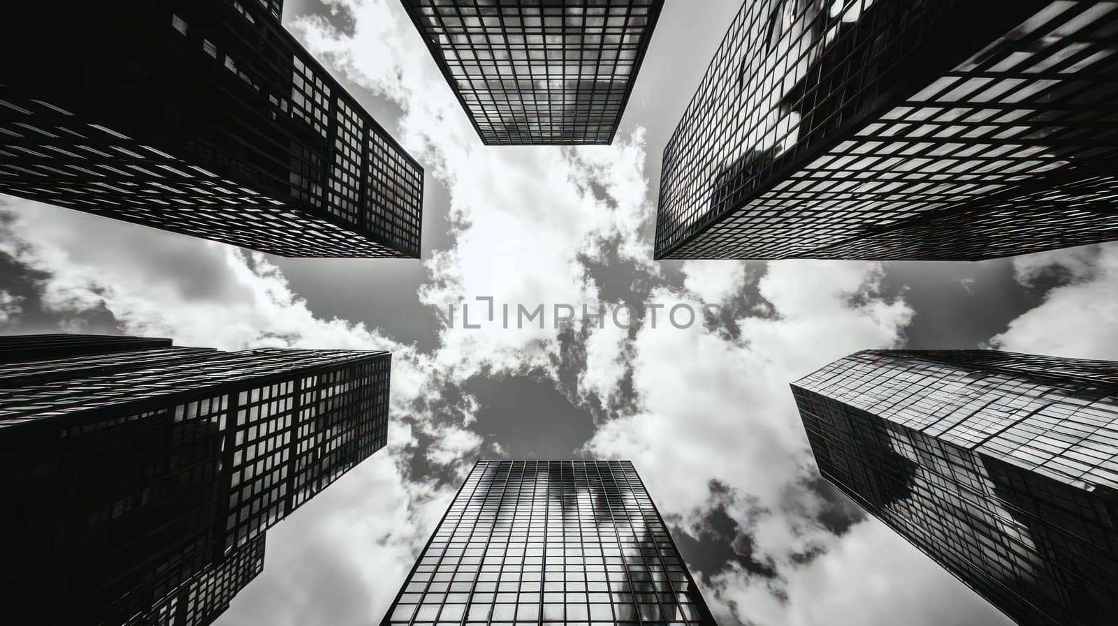 Modern architecture with glass buildings and dramatic clouds.