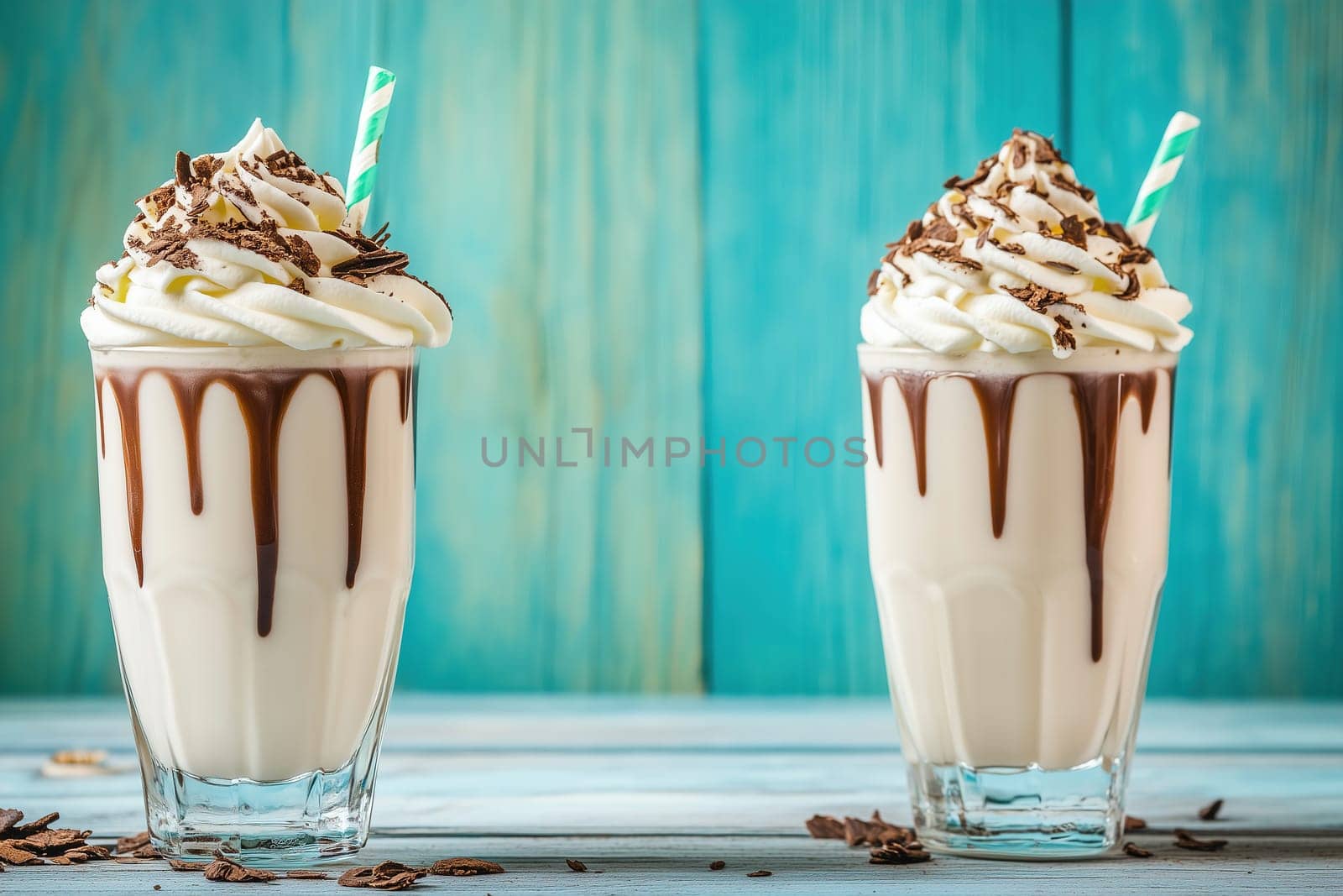 Two enticing chocolate milkshakes are displayed in clear glasses, adorned with whipped cream and chocolate shavings against a turquoise backdrop.