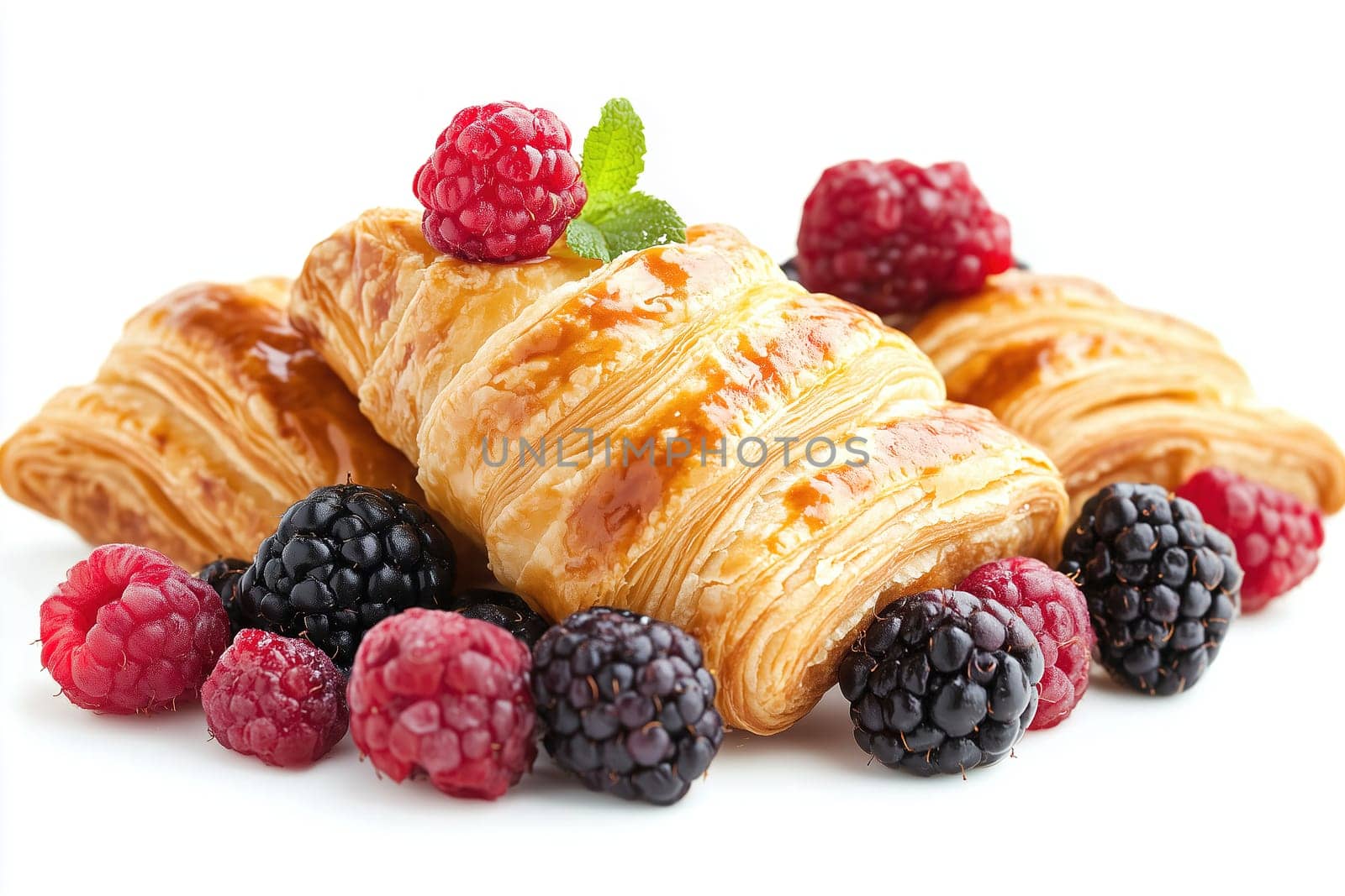 Flaky golden pastries are artfully arranged with a mix of fresh raspberries and blackberries, creating a delightful and inviting treat.
