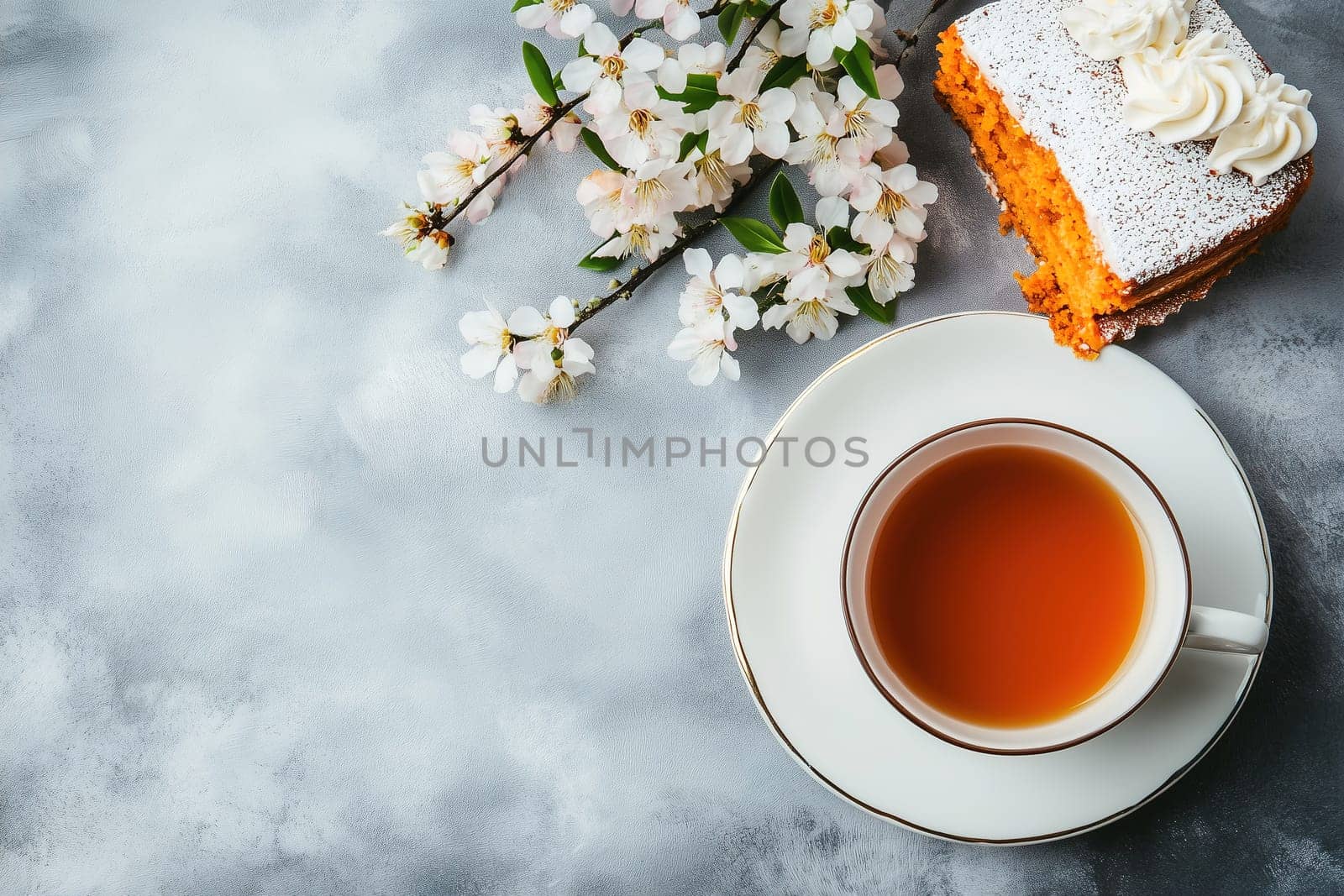 A warm cup of tea sits beside a slice of cake adorned with cream, accompanied by delicate cherry blossoms on a soft, textured surface.