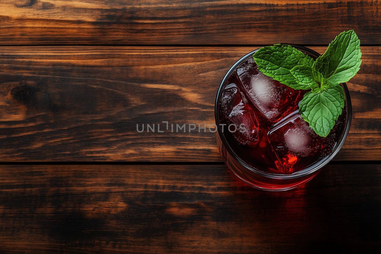 A glass filled with a chilly drink containing ice cubes and fresh mint leaves placed on an old wooden table, enhancing the inviting atmosphere.