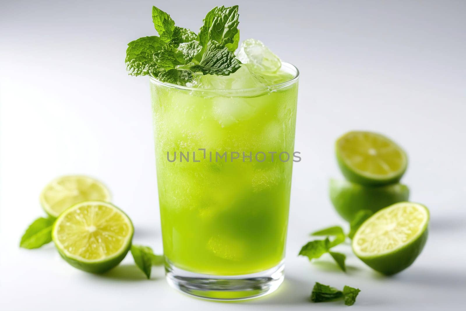 A vibrant mojito cocktail featuring fresh mint and lime, served over ice, surrounded by halved limes and mint leaves, ideal for summer refreshment.