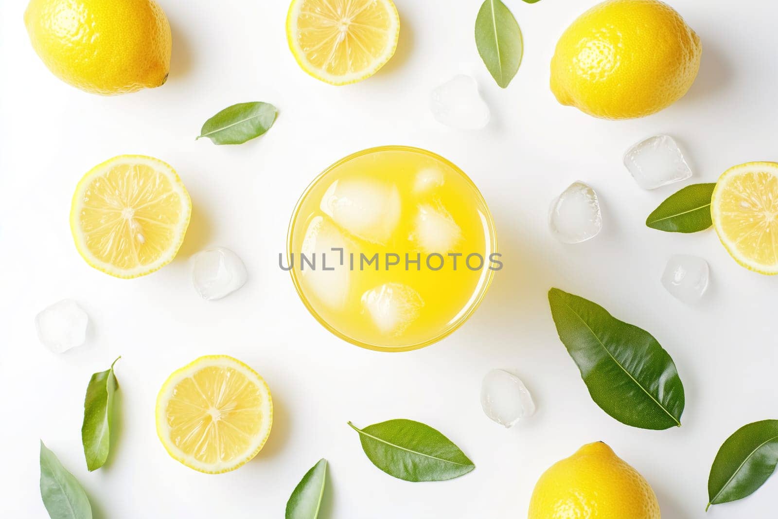 A vibrant glass filled with a lemon beverage sits among lemon slices and green leaves on a white surface, creating a refreshing summer setting.