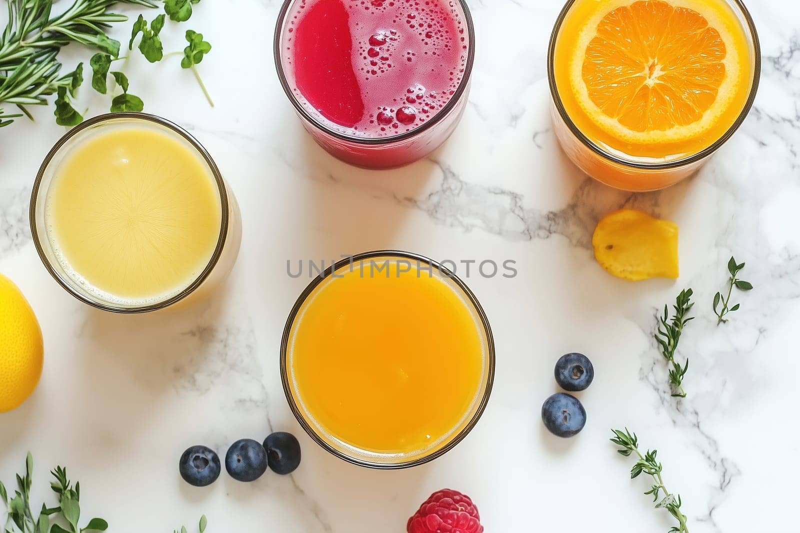 A vibrant display of freshly squeezed juices in glass cups, featuring citrus, berries, and herbs, beautifully arranged on a marble counter.