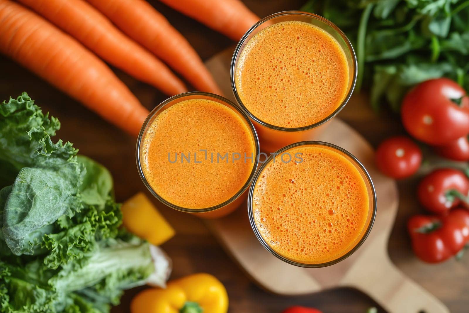 Three glasses filled with vibrant orange vegetable juice are surrounded by fresh carrots, leafy greens, and ripe tomatoes on a wooden surface. The arrangement showcases healthy ingredients.