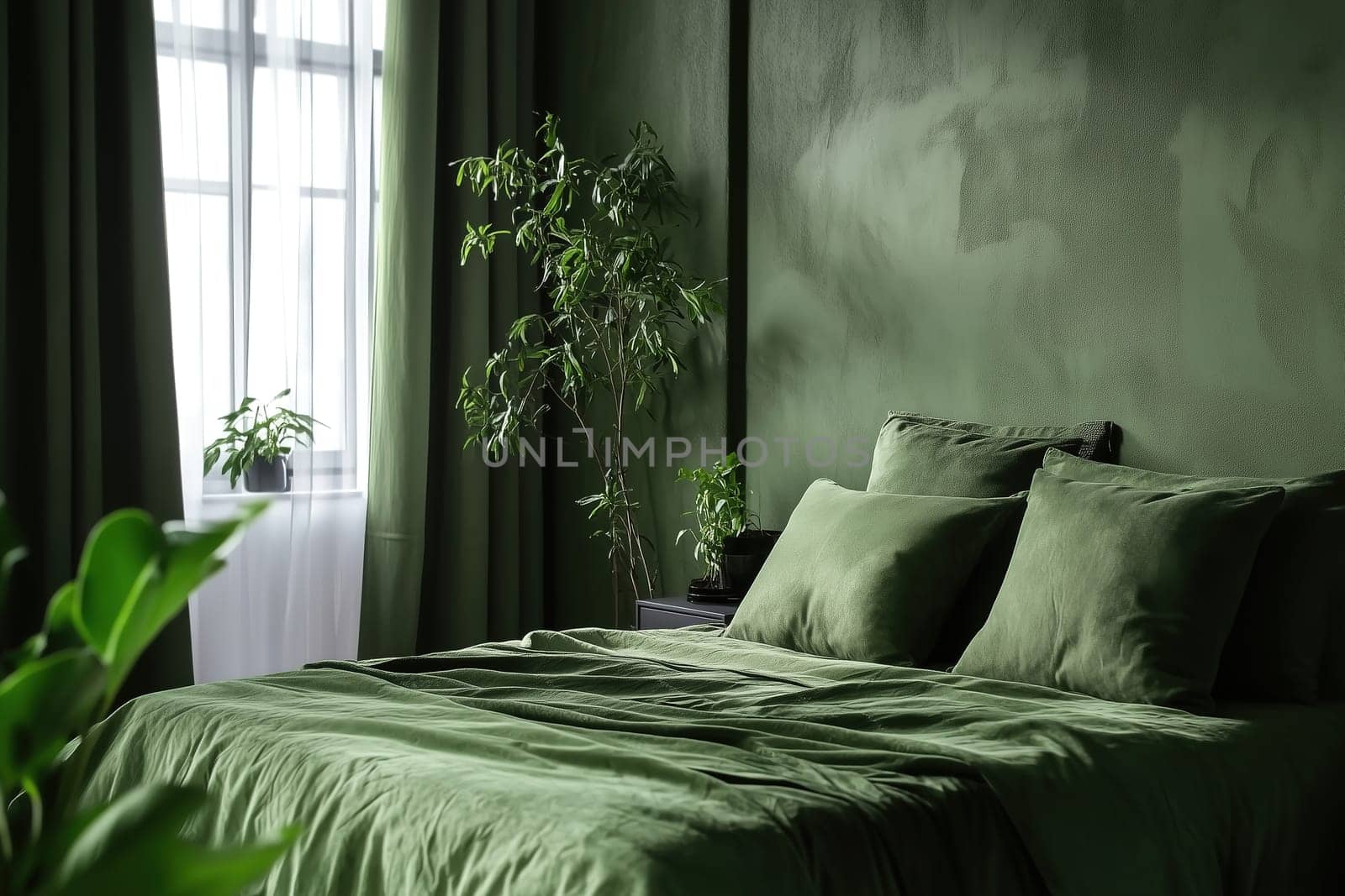 The bedroom features calming green tones, abundant natural light through a large window, and lush plants, making it an inviting retreat for rest.