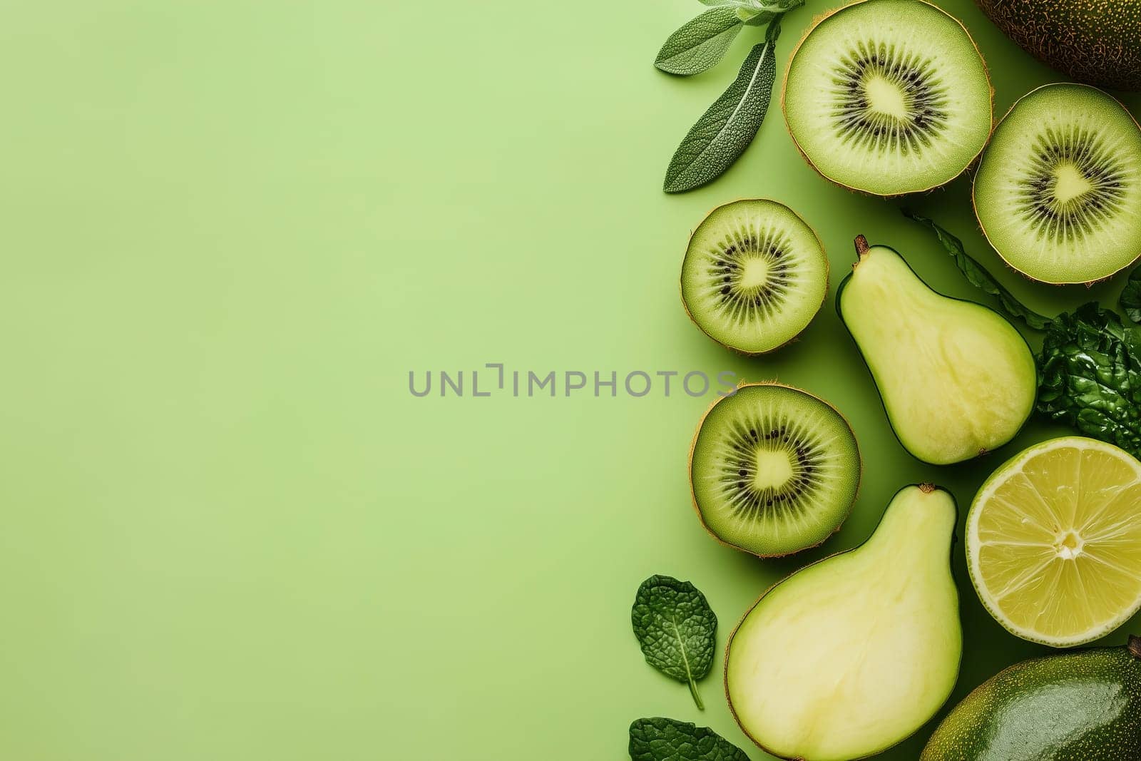 This arrangement showcases fresh kiwi, sliced pear, and lime alongside green mint leaves, all set against a bright green backdrop, highlighting their natural textures and colors.